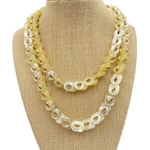 Vintage Chain Link Button Necklace, Light Yellow and Gold Retro Button Necklace